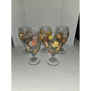 5 Hand Painted Floral Wine Glasses